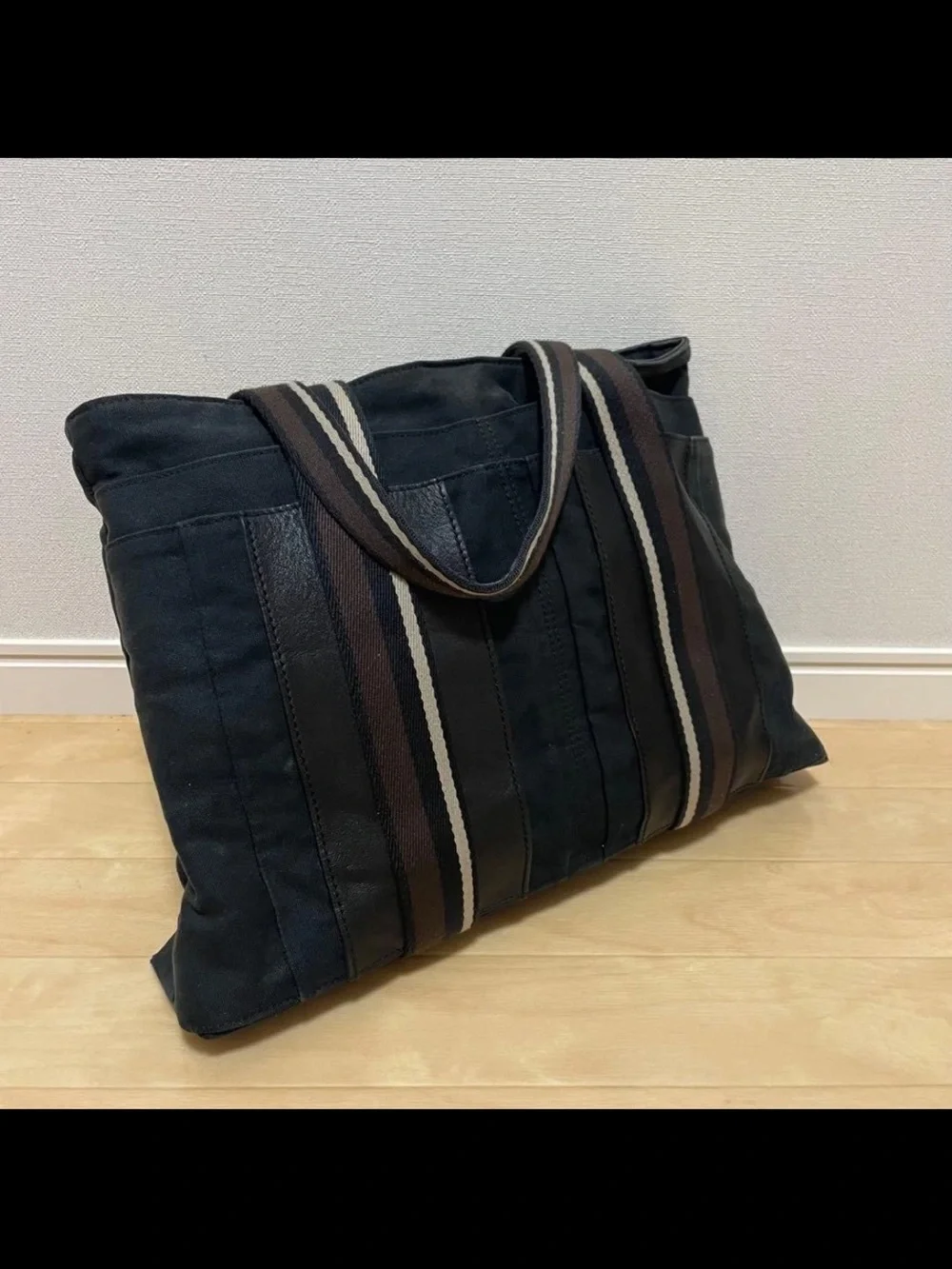 Hermes Black Tote with Striped Webbing Handles
